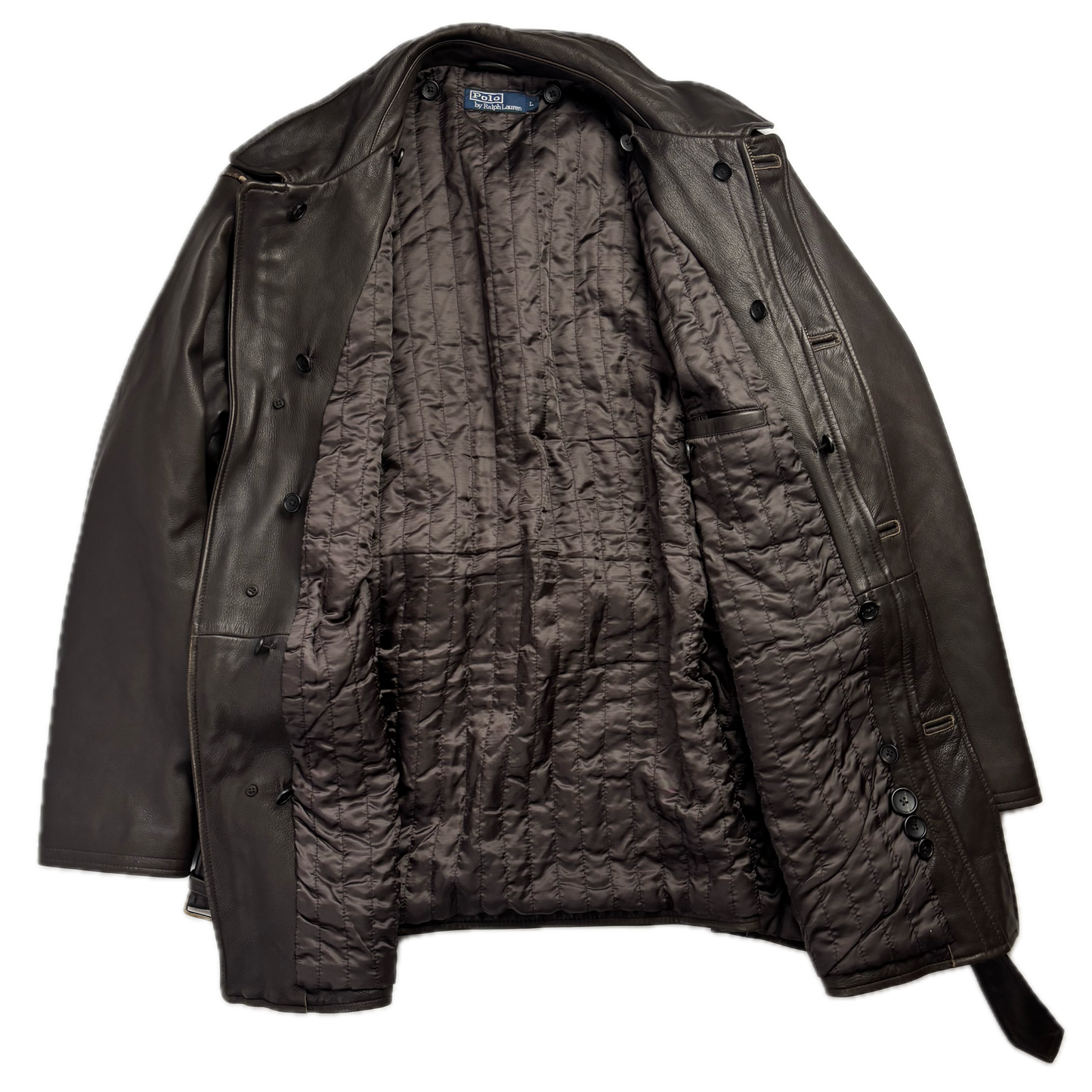 Polo Ralph Lauren Brown Leather Belted Jacket Fur Lined - L