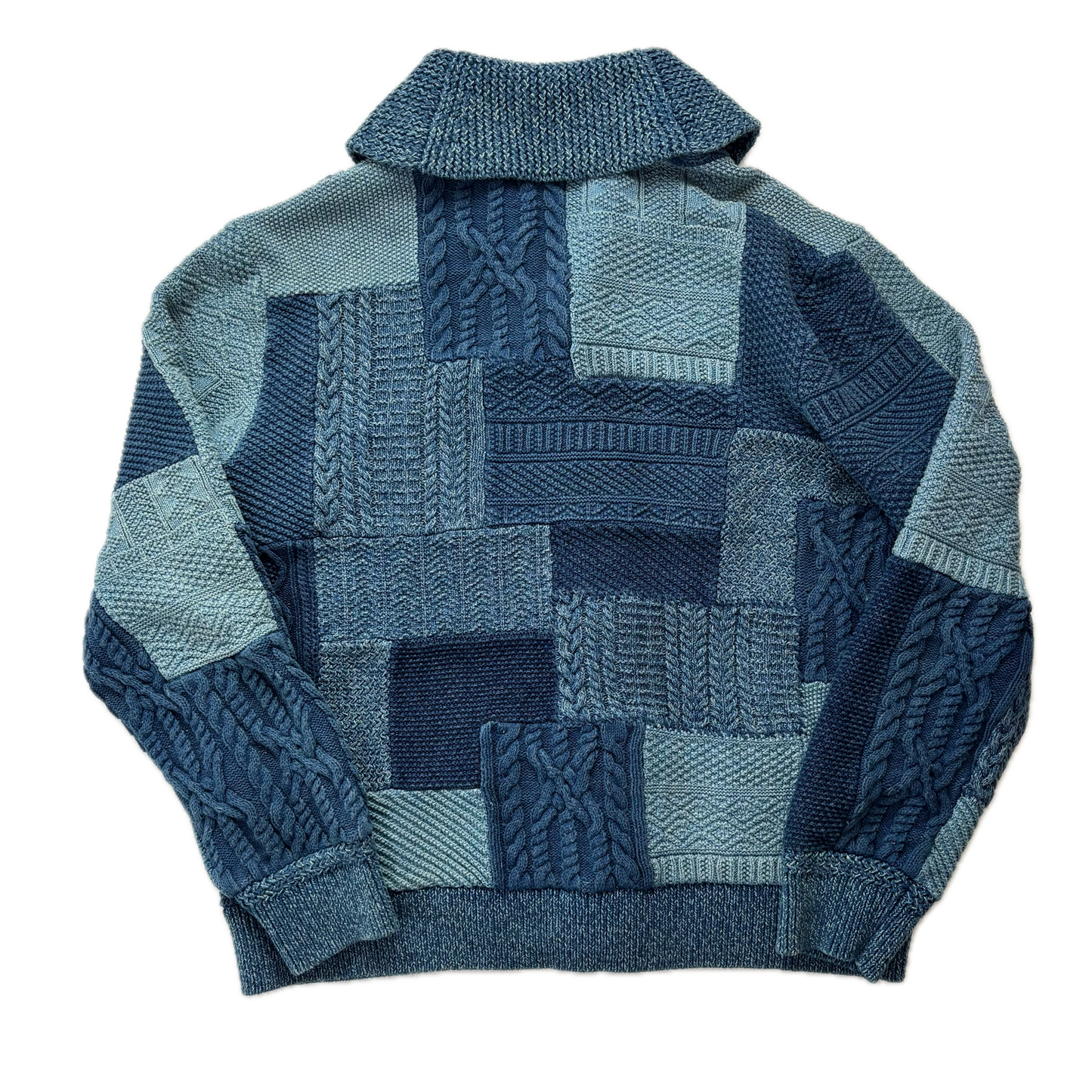 RRL Indigo Patchwork Knit Shawl-Collar Cardigan (Cotton Linen) - XL