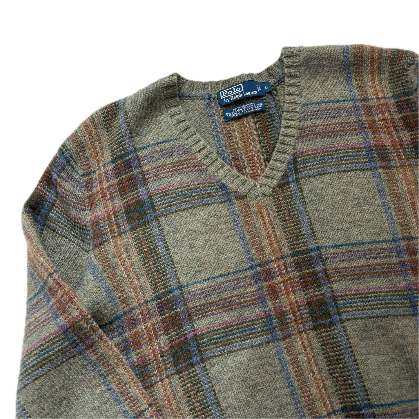 Polo Ralph Lauren Plaid Green Jumper V-Neck Sweater (Wool Alpaca) - L