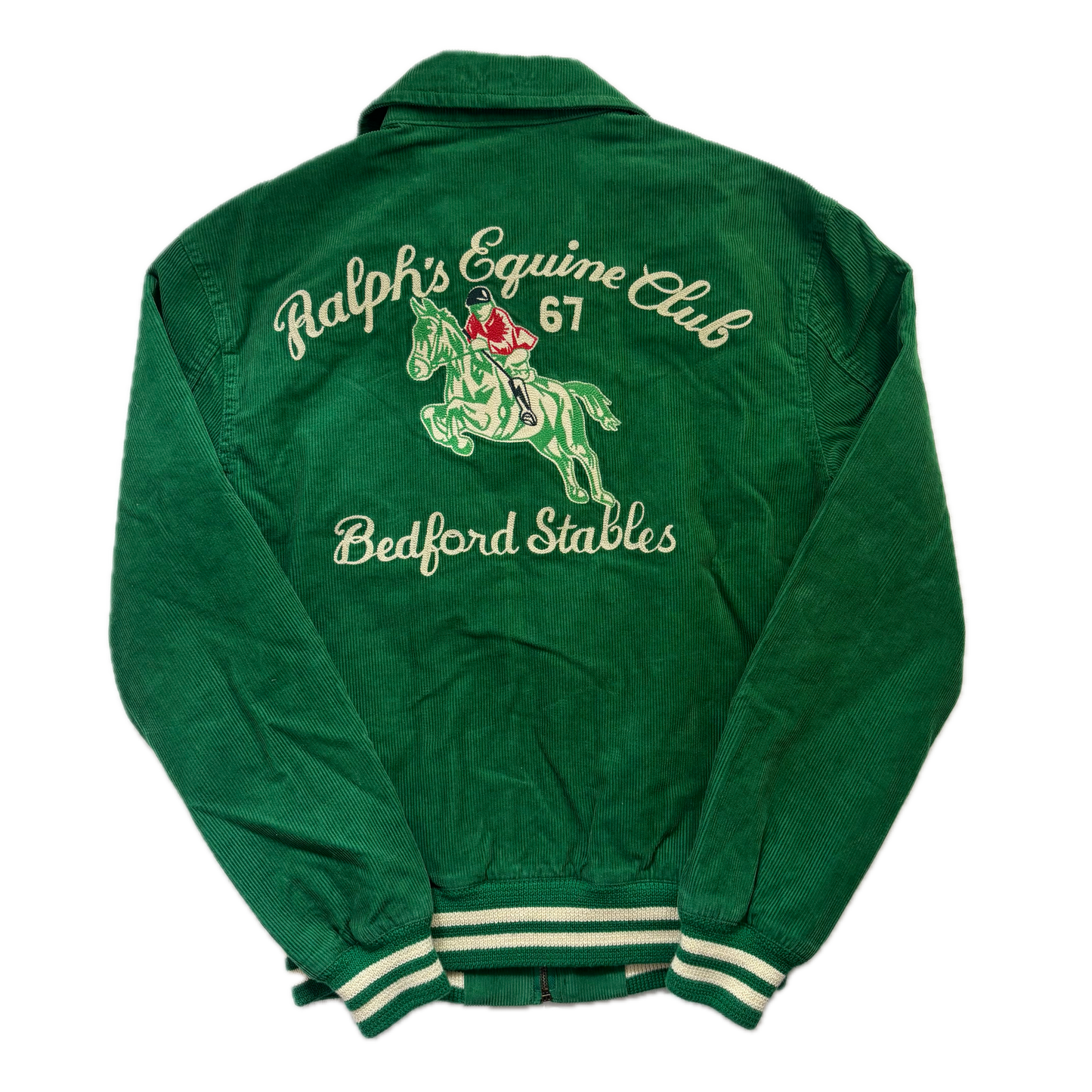 Polo Ralph Lauren Green Corduroy Varsity Bedford Stables Equine Club Letterman Jacket - XS