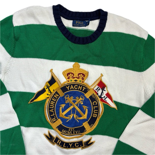 Polo Ralph Lauren Green White Striped Yacht Club Jumper Sweater - L