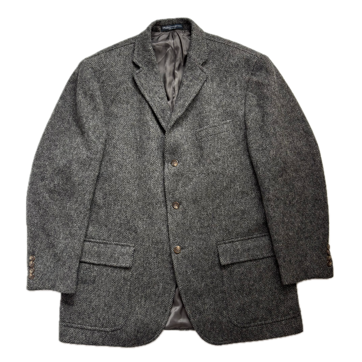 Gray blazer with button details on a white background
