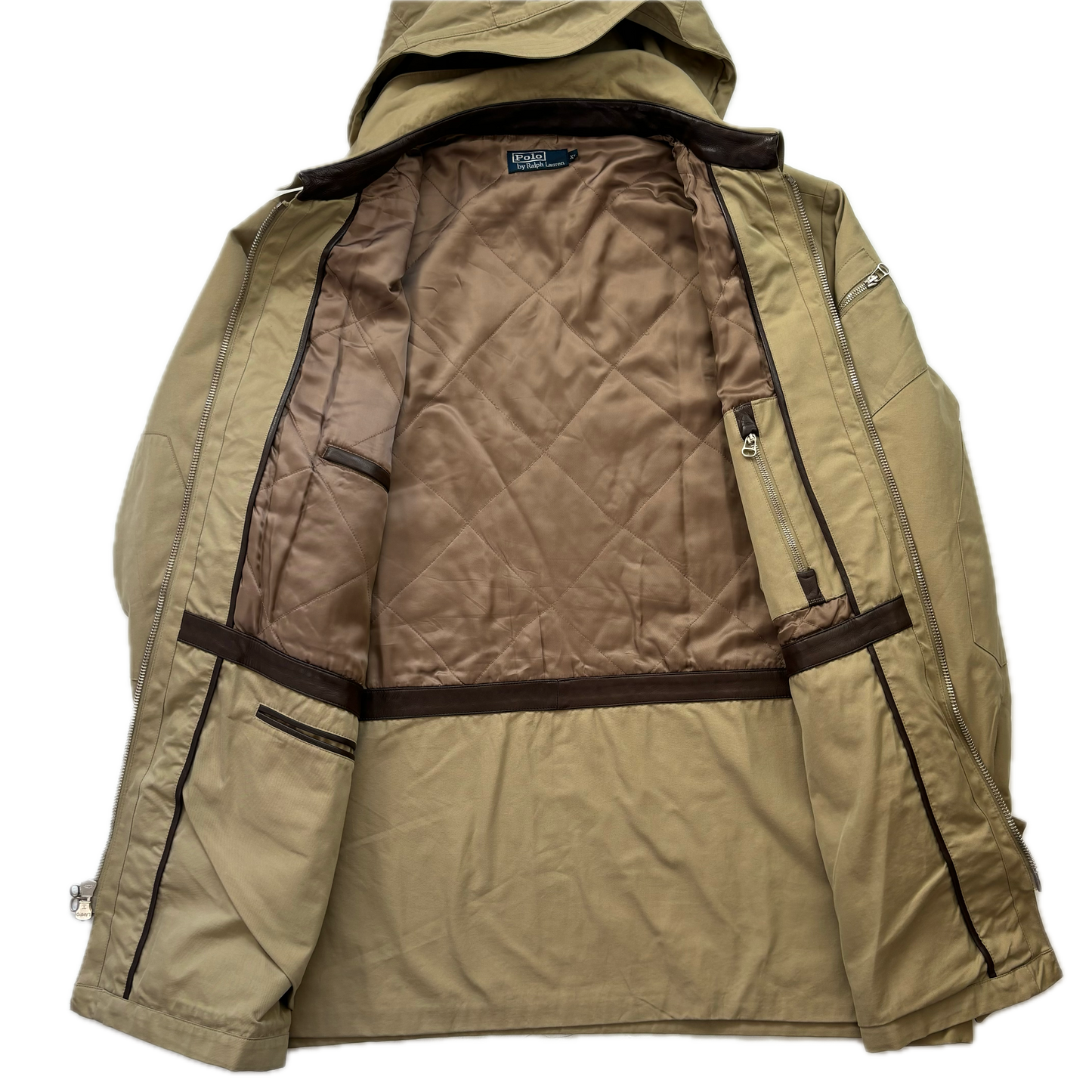 Beige Hooded Walking Jacket Coat Leather Trim - XL