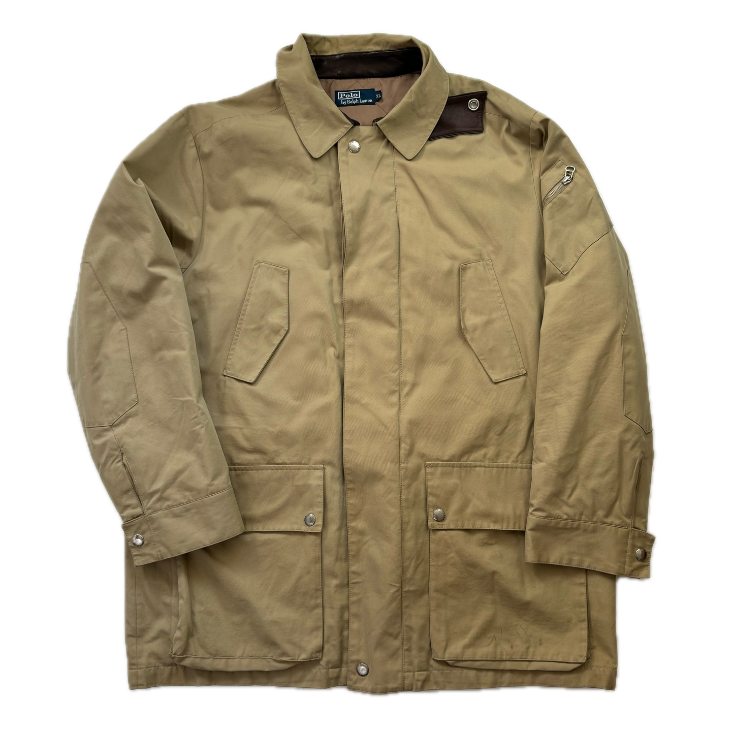 Beige Hooded Walking Jacket Coat Leather Trim - XL