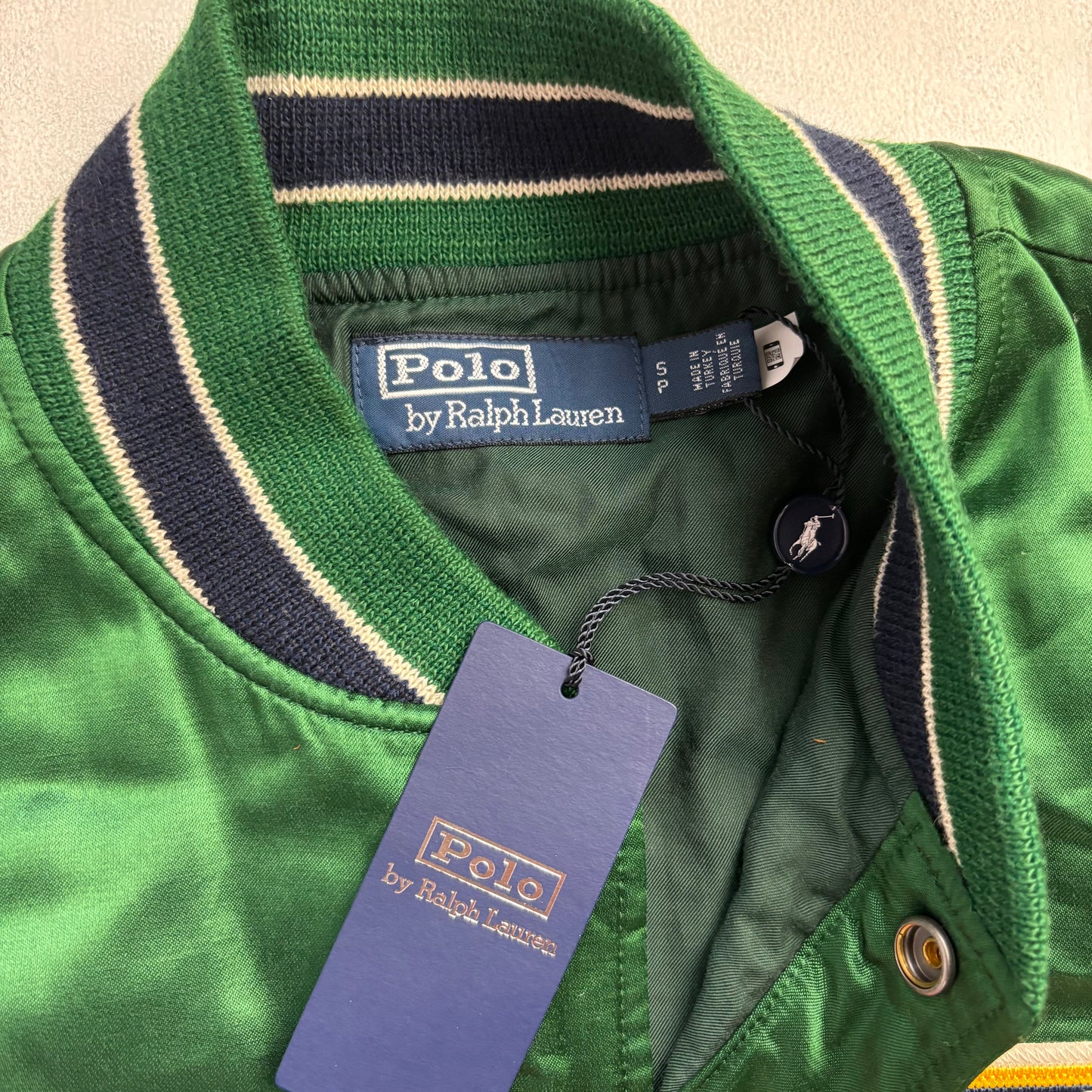 Green Satin Varsity State Champs Letterman Jacket - S