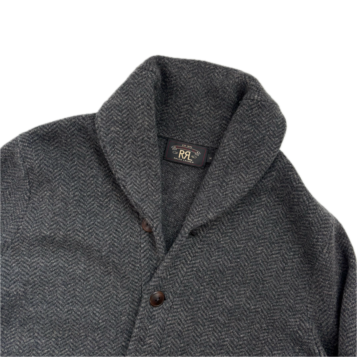 RRL Grey Herringbone Wool Shawl-Collar Cardigan - M
