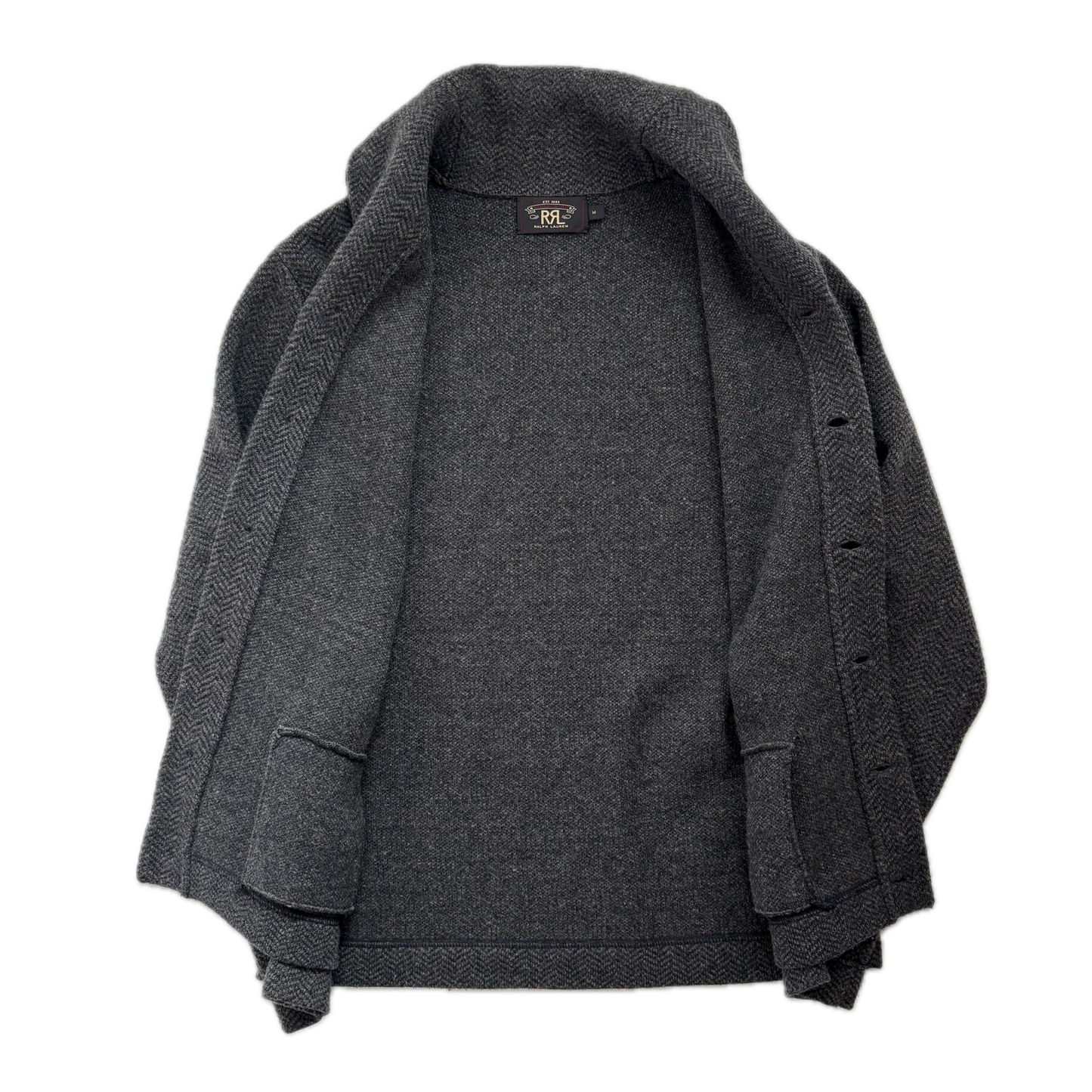 RRL Grey Herringbone Wool Shawl-Collar Cardigan - M