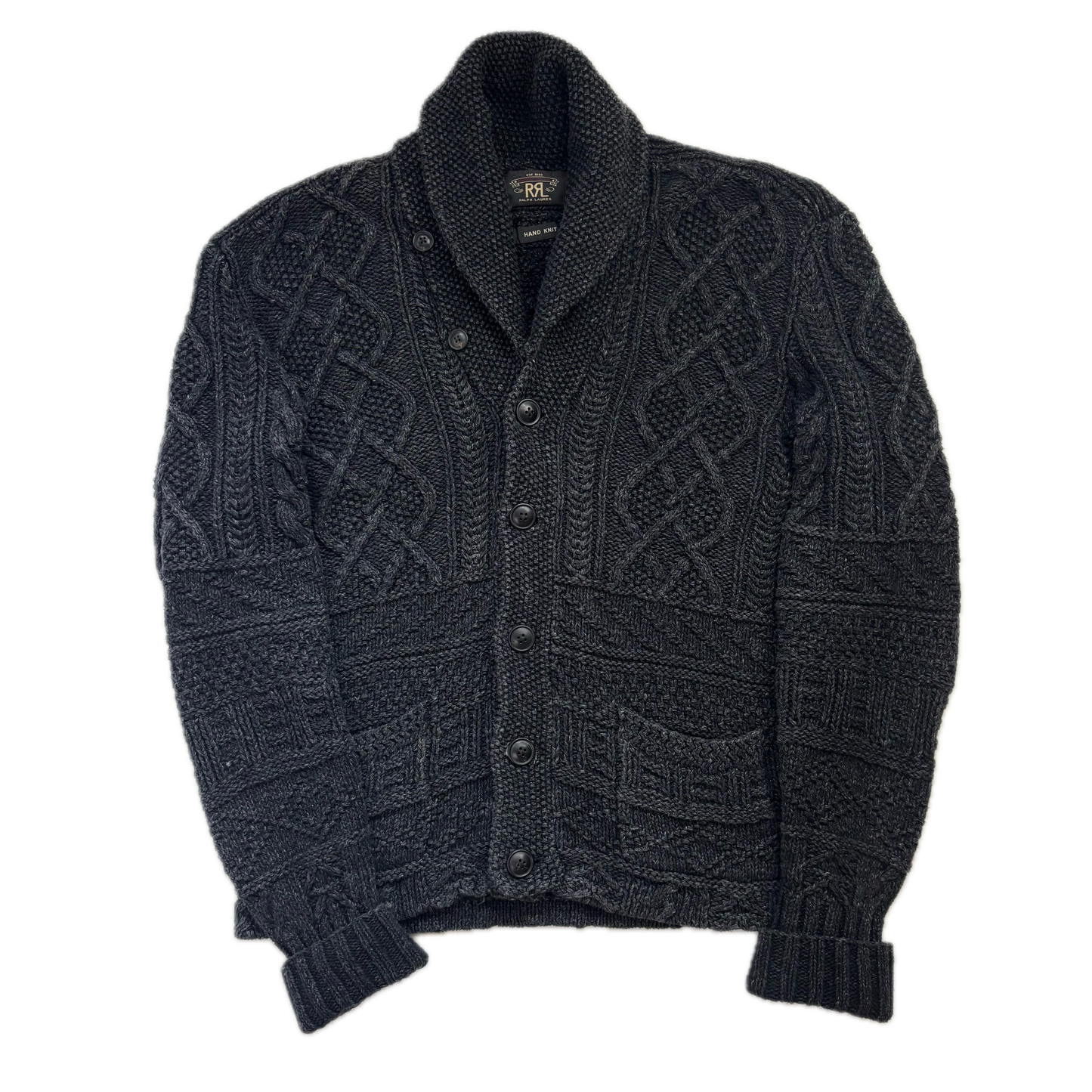 RRL Dark Grey Hand Knit Cable Shawl-Collar Cardigan - S