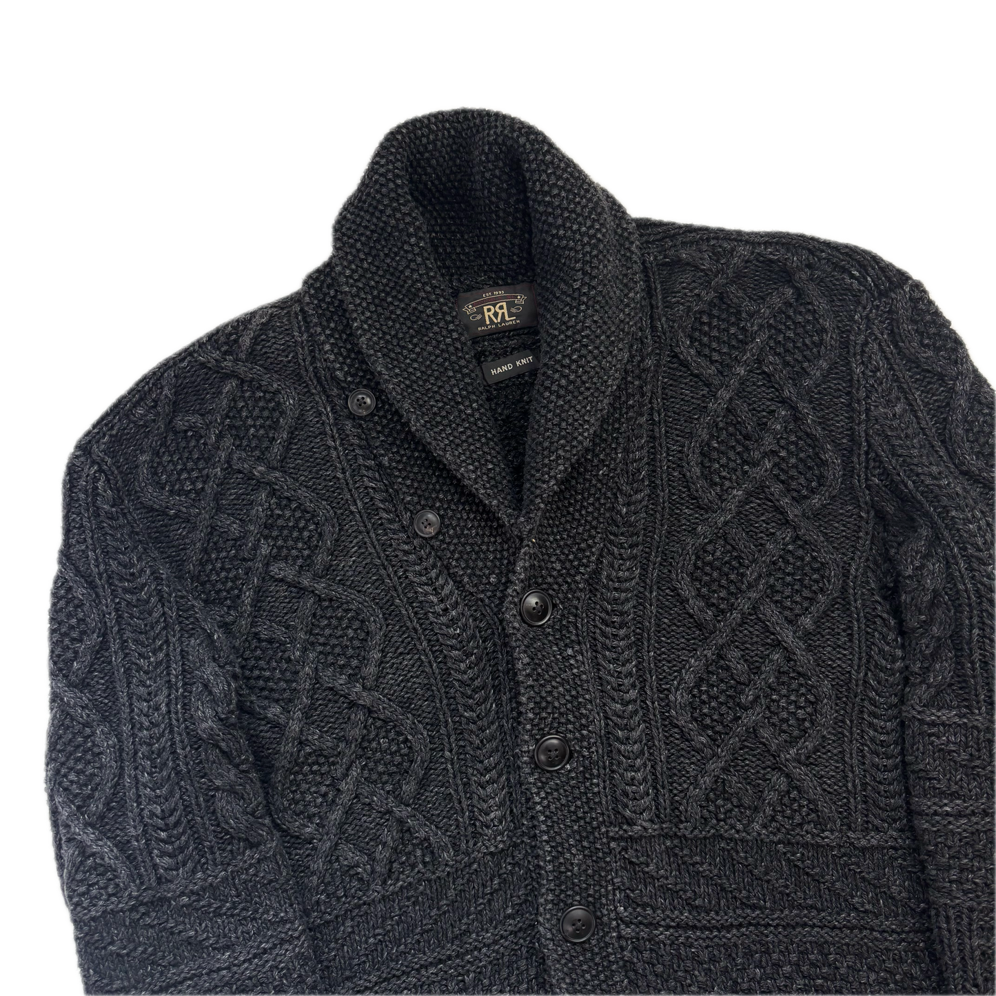 RRL Dark Grey Hand Knit Cable Shawl-Collar Cardigan - S