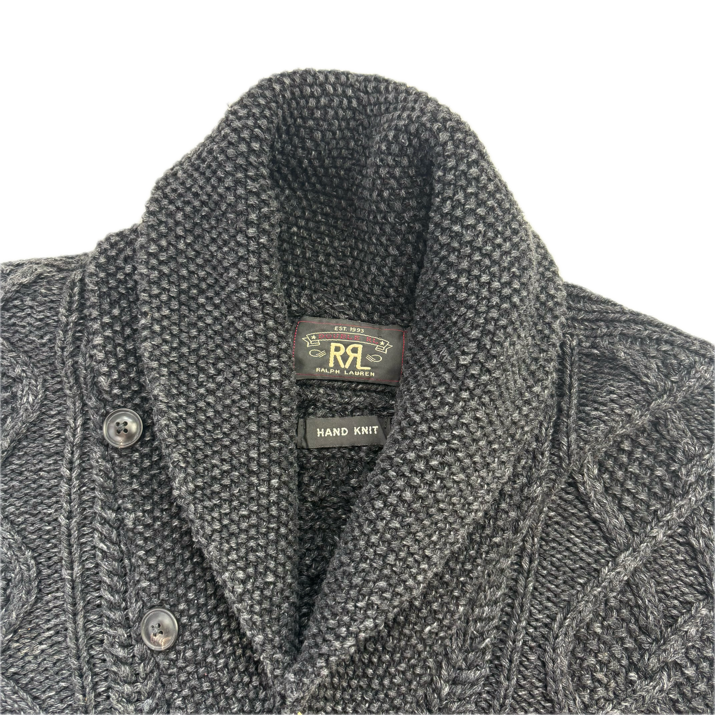 RRL Dark Grey Hand Knit Cable Shawl-Collar Cardigan - S