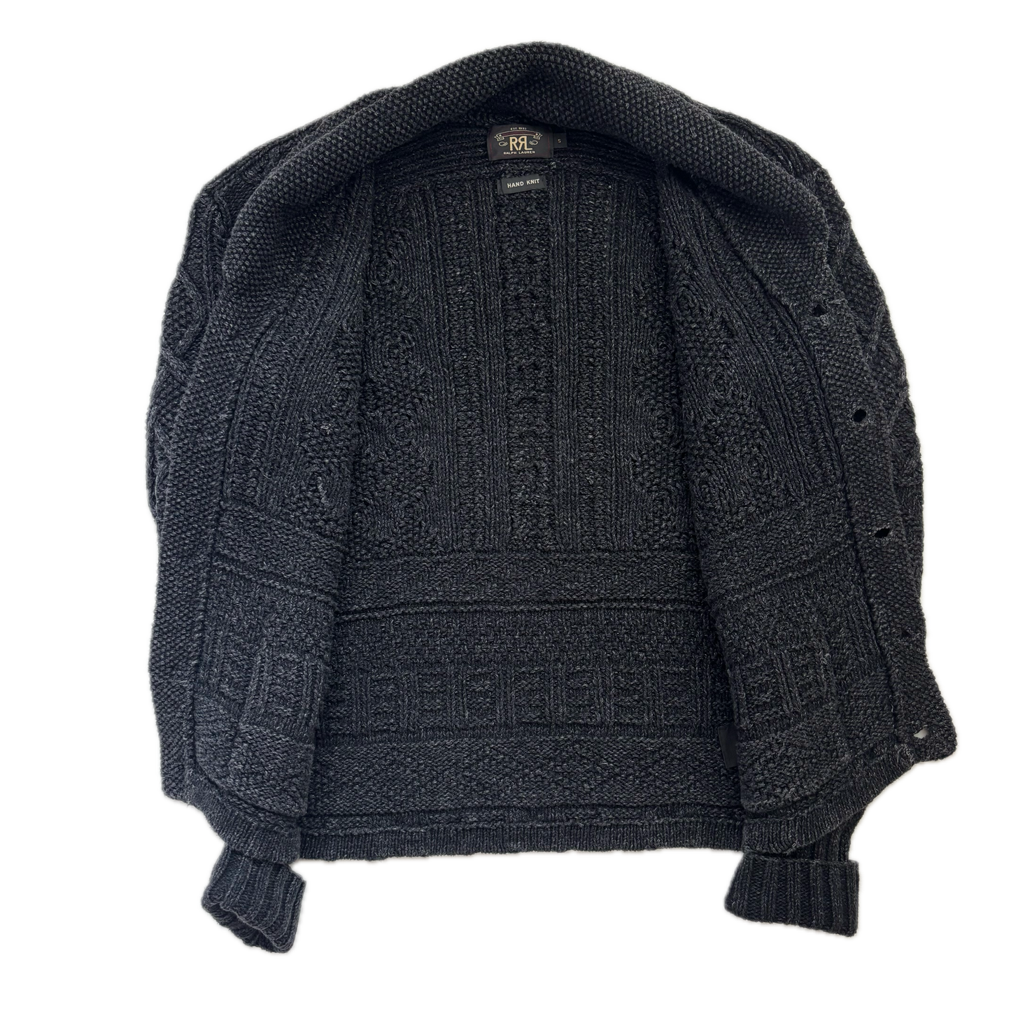 RRL Dark Grey Hand Knit Cable Shawl-Collar Cardigan - S