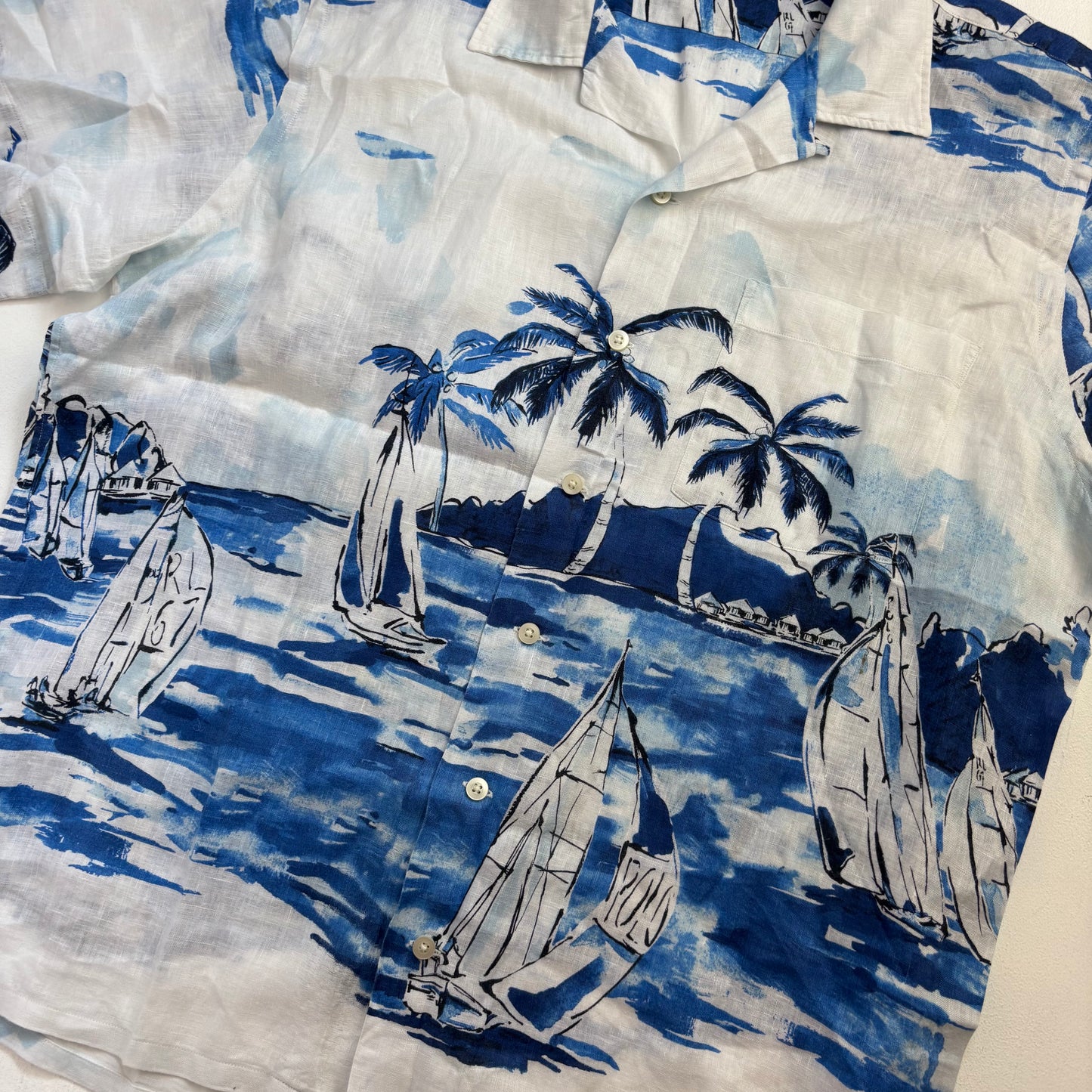 Blue & White Linen Hawaiian Sail Boat Shirt - L