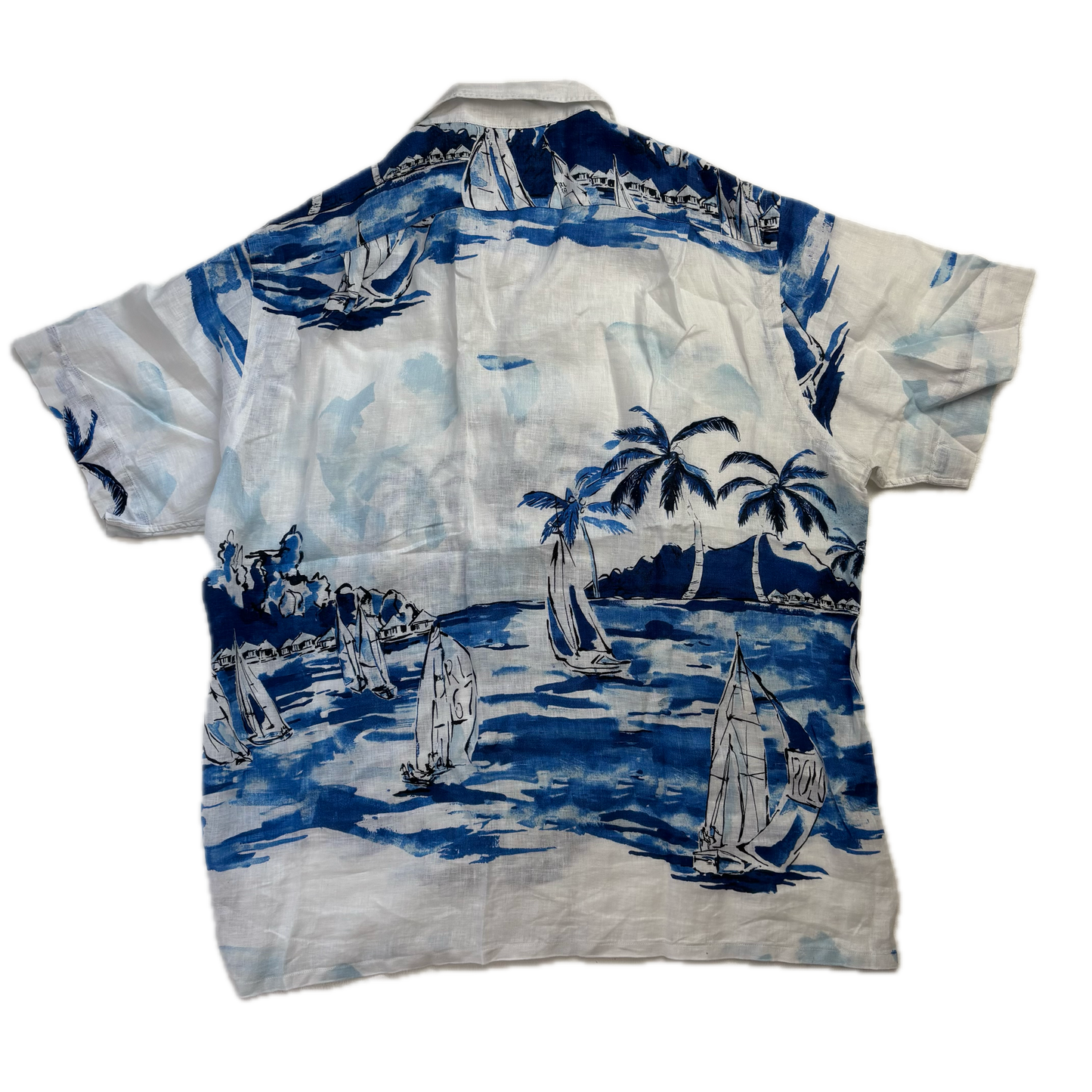 Blue & White Linen Hawaiian Sail Boat Shirt - L