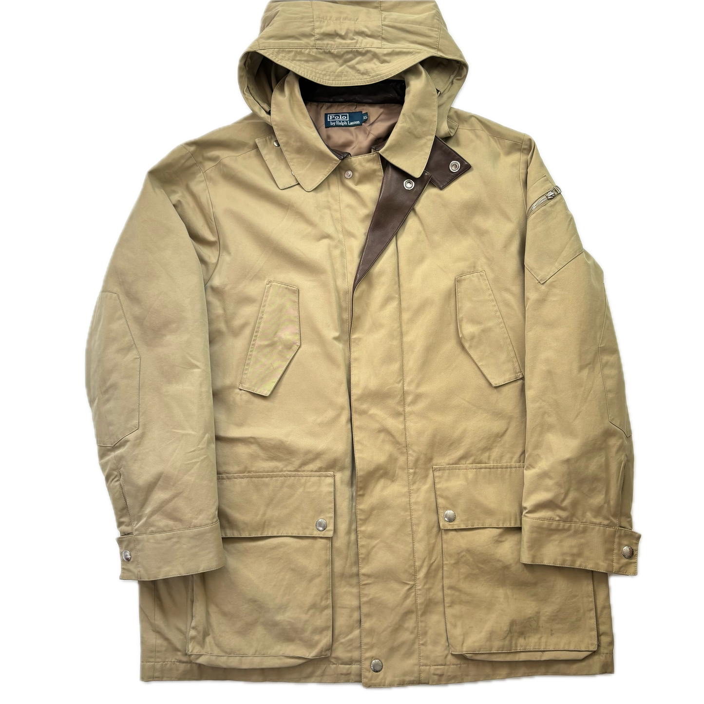 Polo Ralph Lauren Beige Hooded Walking Jacket Coat Leather Trim - XL