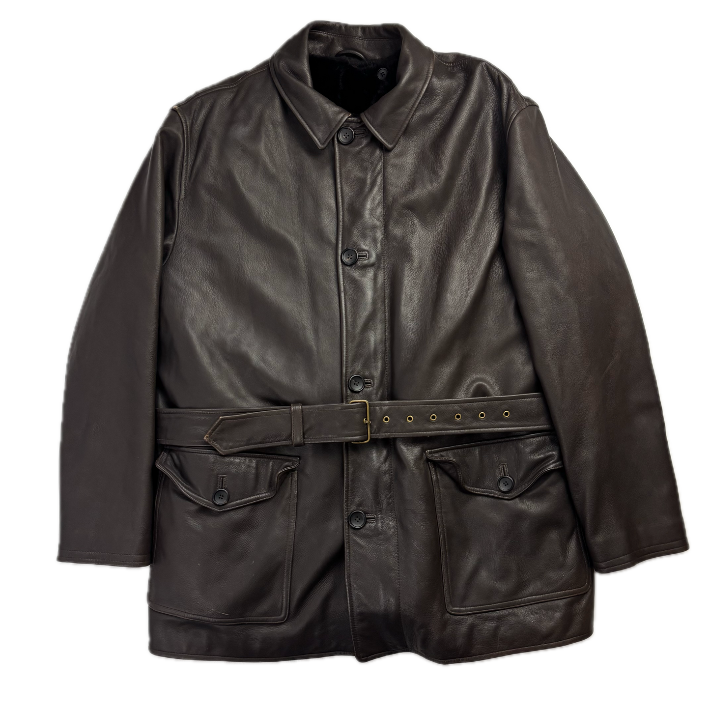 Polo Ralph Lauren Brown Leather Belted Jacket Fur Lined - L