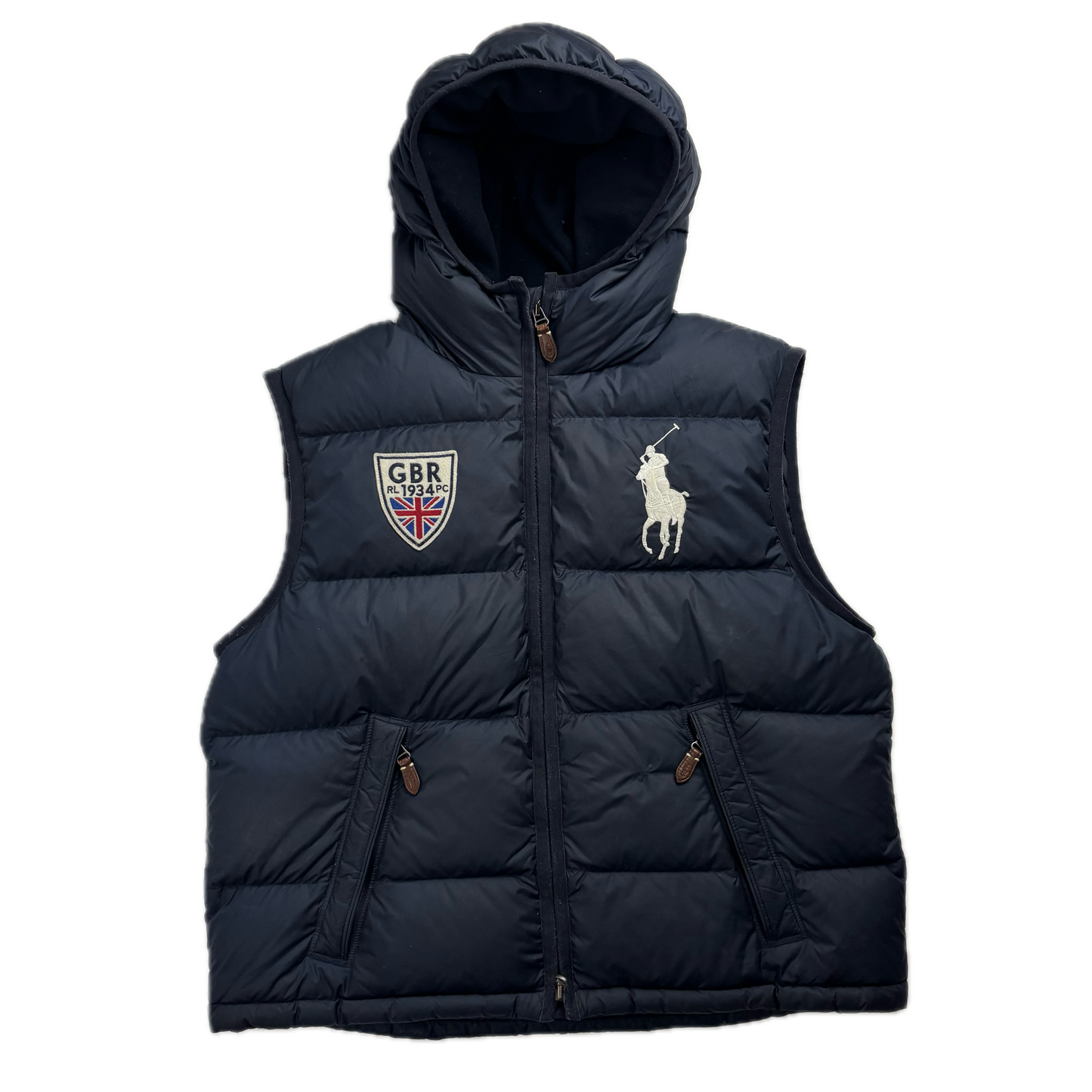 Polo Ralph Lauren Great Britain Navy Blue Hooded Body Warmer Gilet Down Vest - XL