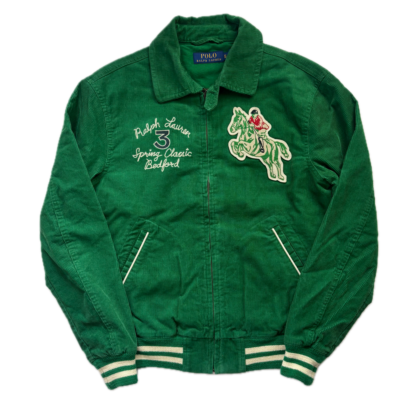 Polo Ralph Lauren Green Corduroy Varsity Bedford Stables Equine Club Letterman Jacket - XS