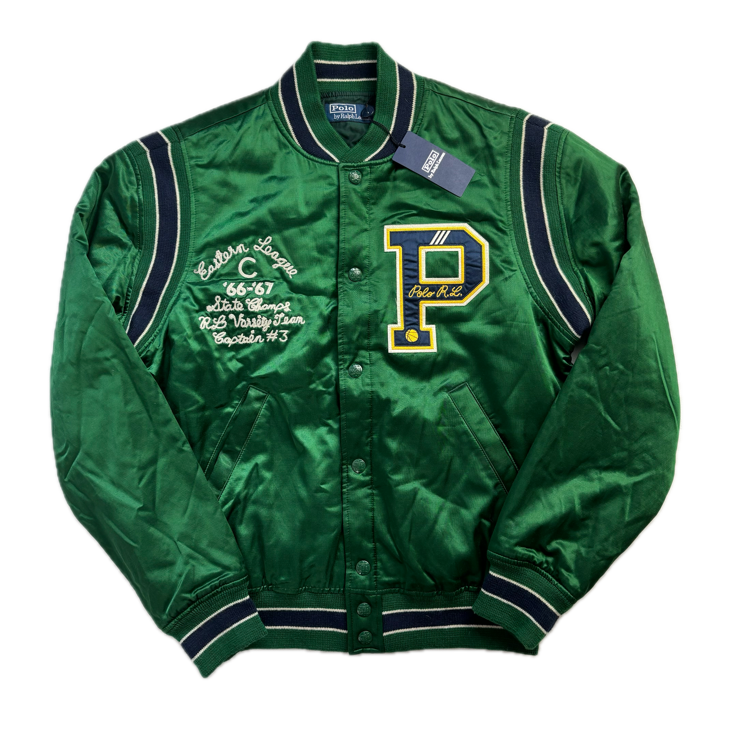 Polo Ralph Lauren Green Satin Varsity State Champs Letterman Jacket - S