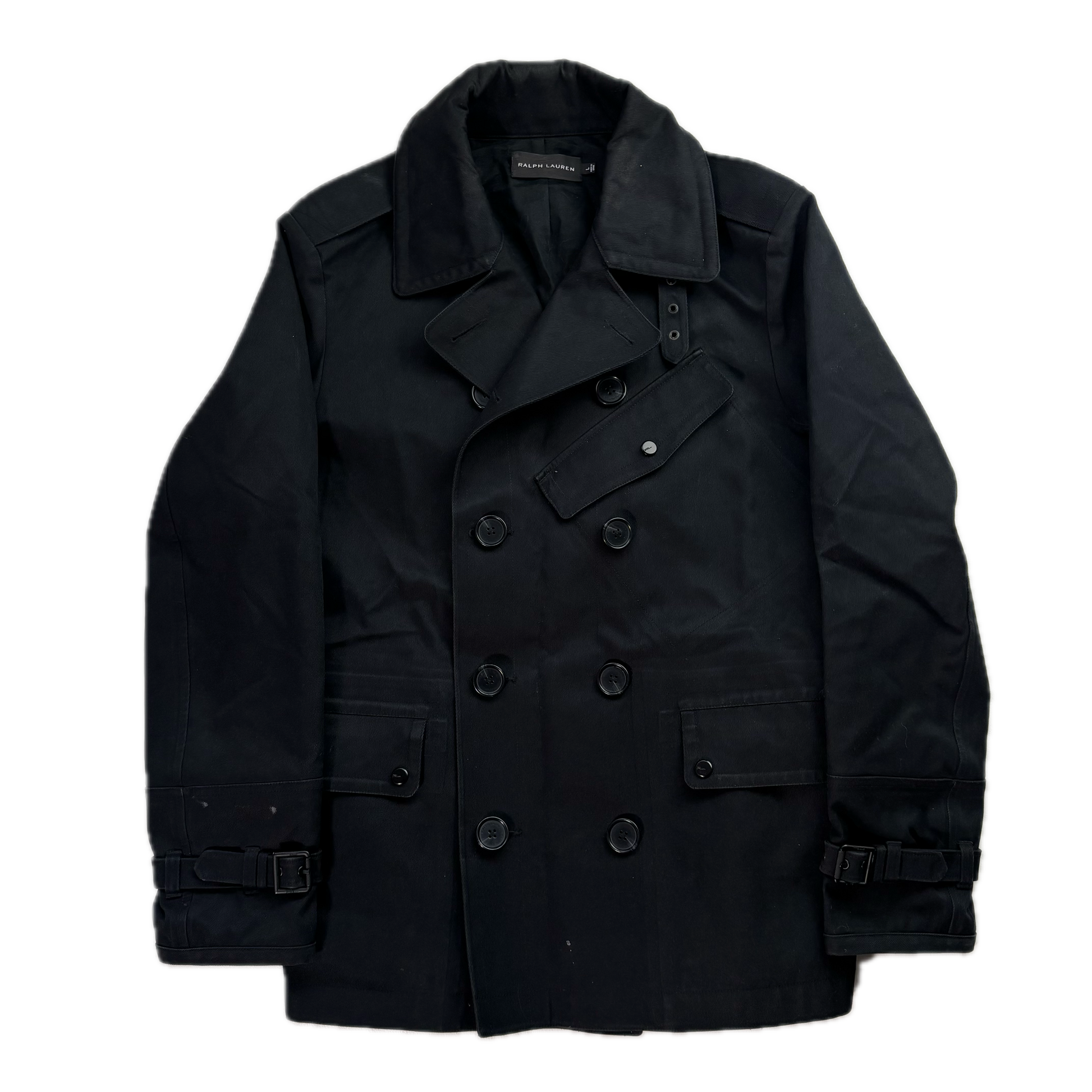 Black Label Double Breast Taped Seams Pea Coat Rain Jacket Mac - L