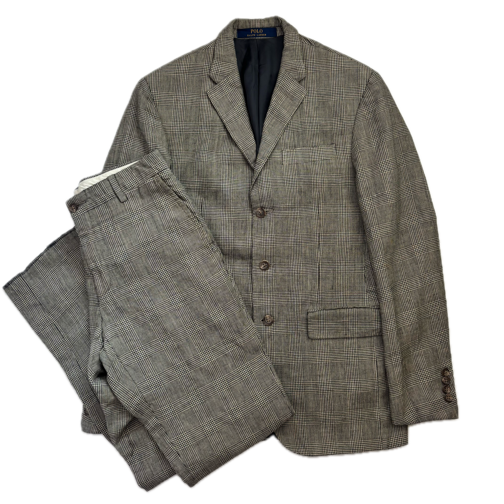 Grey Glen Plaid Check Suit Blazer & Trousers (Flax Wool) - 38R