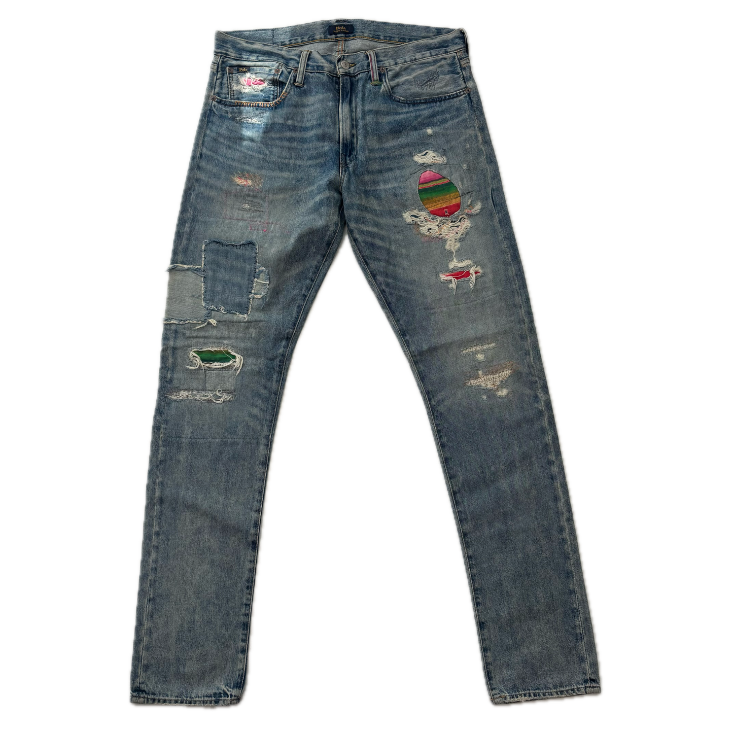 Polo Ralph Lauren Sullivan Slim Jeans Serape Aztec Southwestern Patchwork Distressed - 32x34