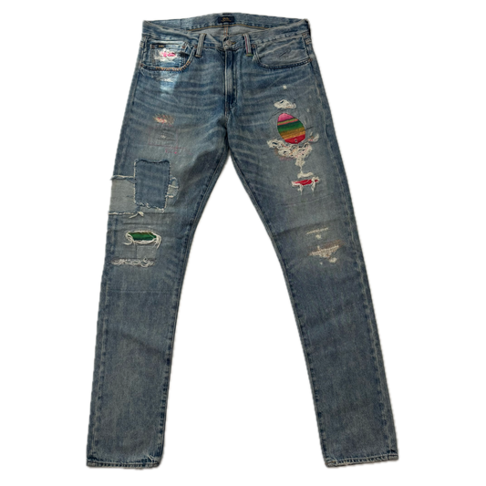 Polo Ralph Lauren Sullivan Slim Jeans Serape Aztec Southwestern Patchwork Distressed - 32x34