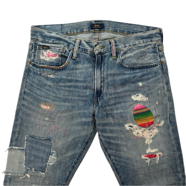 Polo Ralph Lauren Sullivan Slim Jeans Serape Aztec Southwestern Patchwork Distressed - 32x34