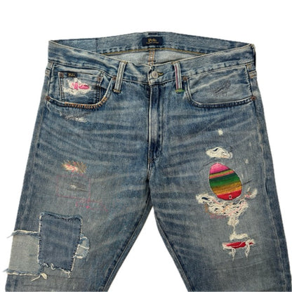 Polo Ralph Lauren Sullivan Slim Jeans Serape Aztec Southwestern Patchwork Distressed - 32x34