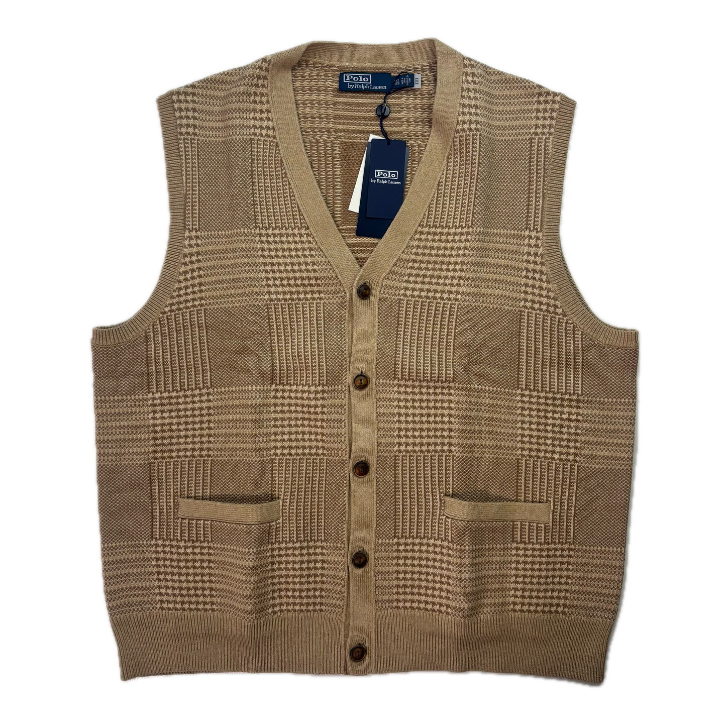 Polo Ralph Lauren Beige Tweed Glen Plaid Cardigan Vest (Cotton) - XXL