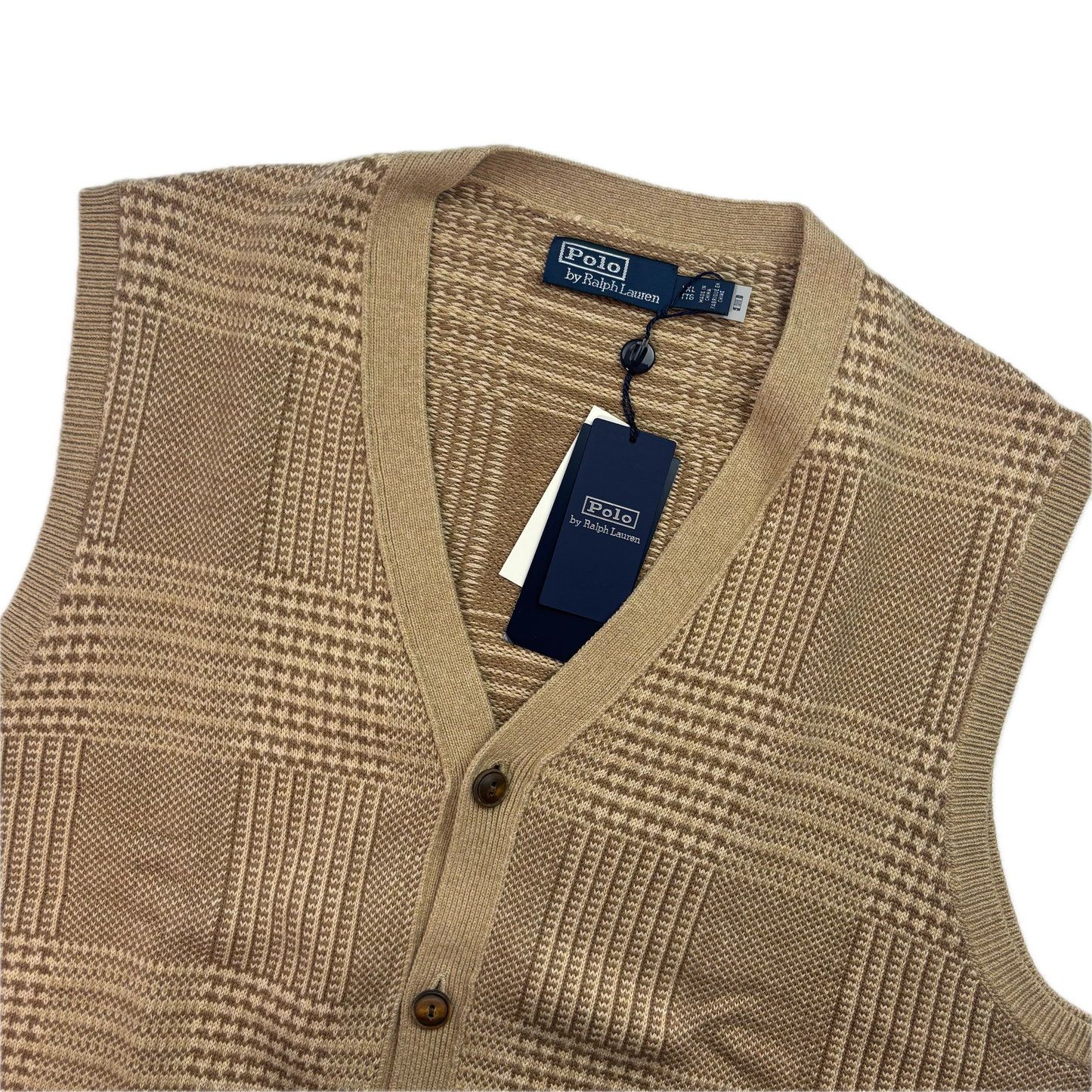 Polo Ralph Lauren Beige Tweed Glen Plaid Cardigan Vest (Cotton) - XXL