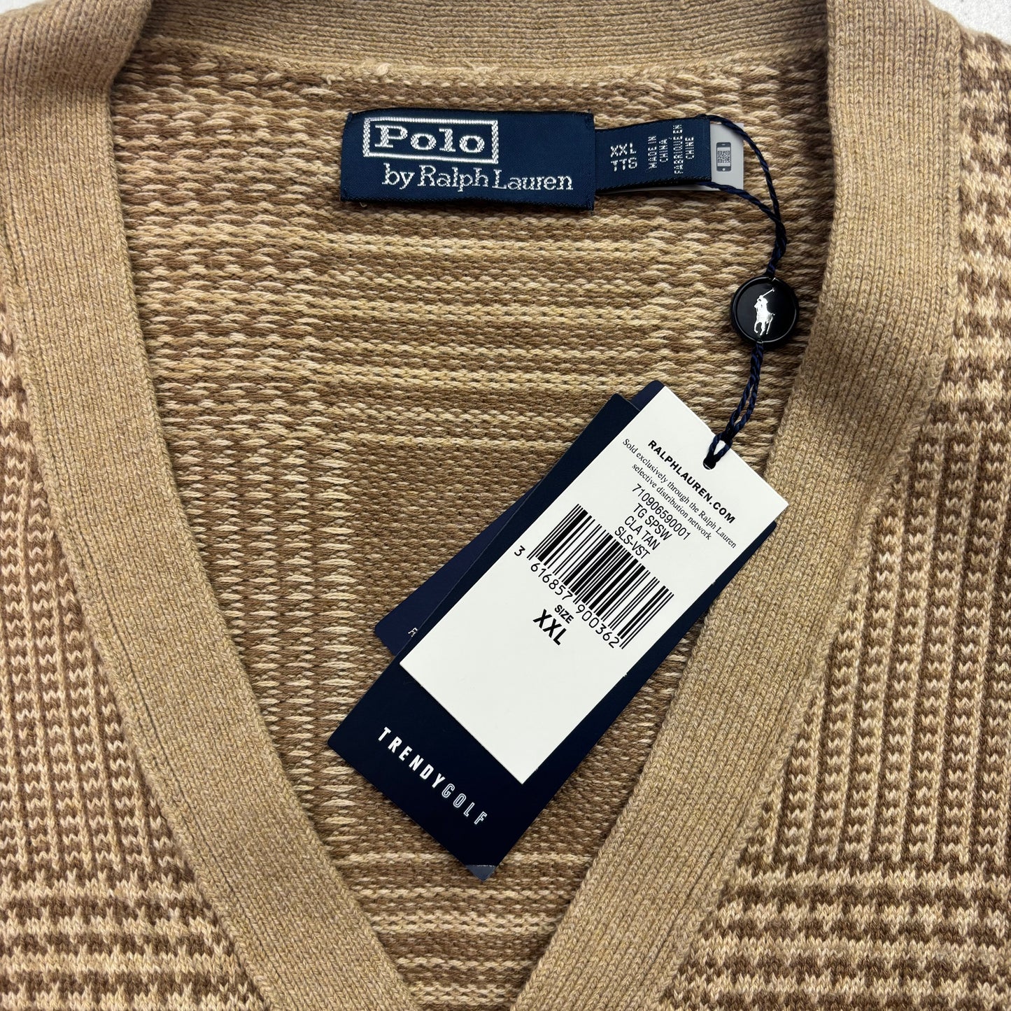 Polo Ralph Lauren Beige Tweed Glen Plaid Cardigan Vest (Cotton) - XXL
