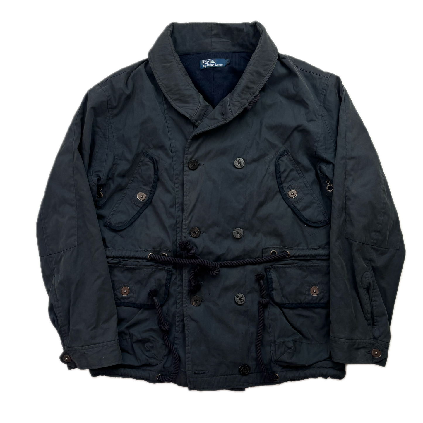 Polo Ralph Lauren Navy Double Breasted Rain Mac Shawl Collar Coat Lined - L