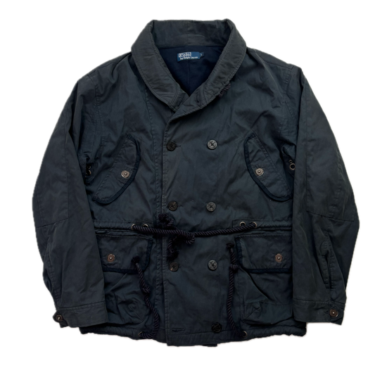 Polo Ralph Lauren Navy Double Breasted Rain Mac Shawl Collar Coat Lined - L