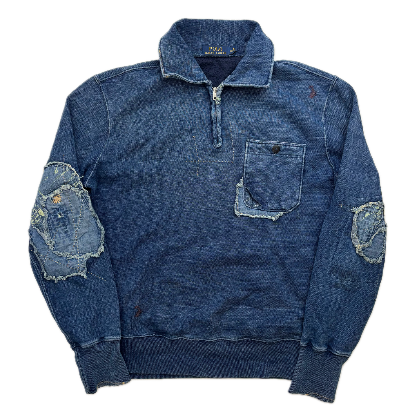 Polo Ralph Lauren Indigo Blue Distressed Patchwork Quarter Zip Sweatshirt - M