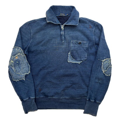 Polo Ralph Lauren Indigo Blue Distressed Patchwork Quarter Zip Sweatshirt - M
