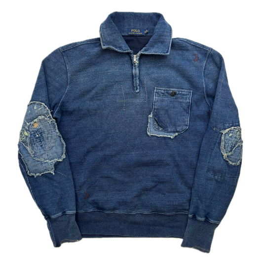 Polo Ralph Lauren Indigo Blue Distressed Patchwork Quarter Zip Sweatshirt - M