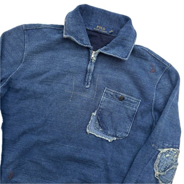 Polo Ralph Lauren Indigo Blue Distressed Patchwork Quarter Zip Sweatshirt - M