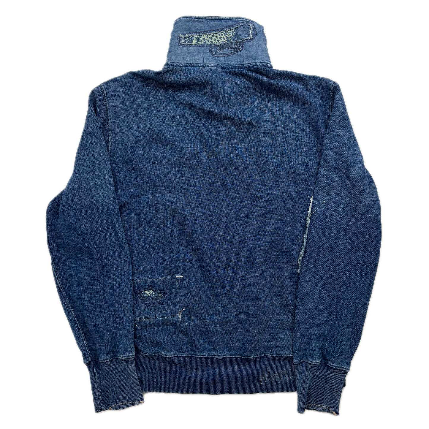 Polo Ralph Lauren Indigo Blue Distressed Patchwork Quarter Zip Sweatshirt - M