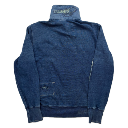 Polo Ralph Lauren Indigo Blue Distressed Patchwork Quarter Zip Sweatshirt - M