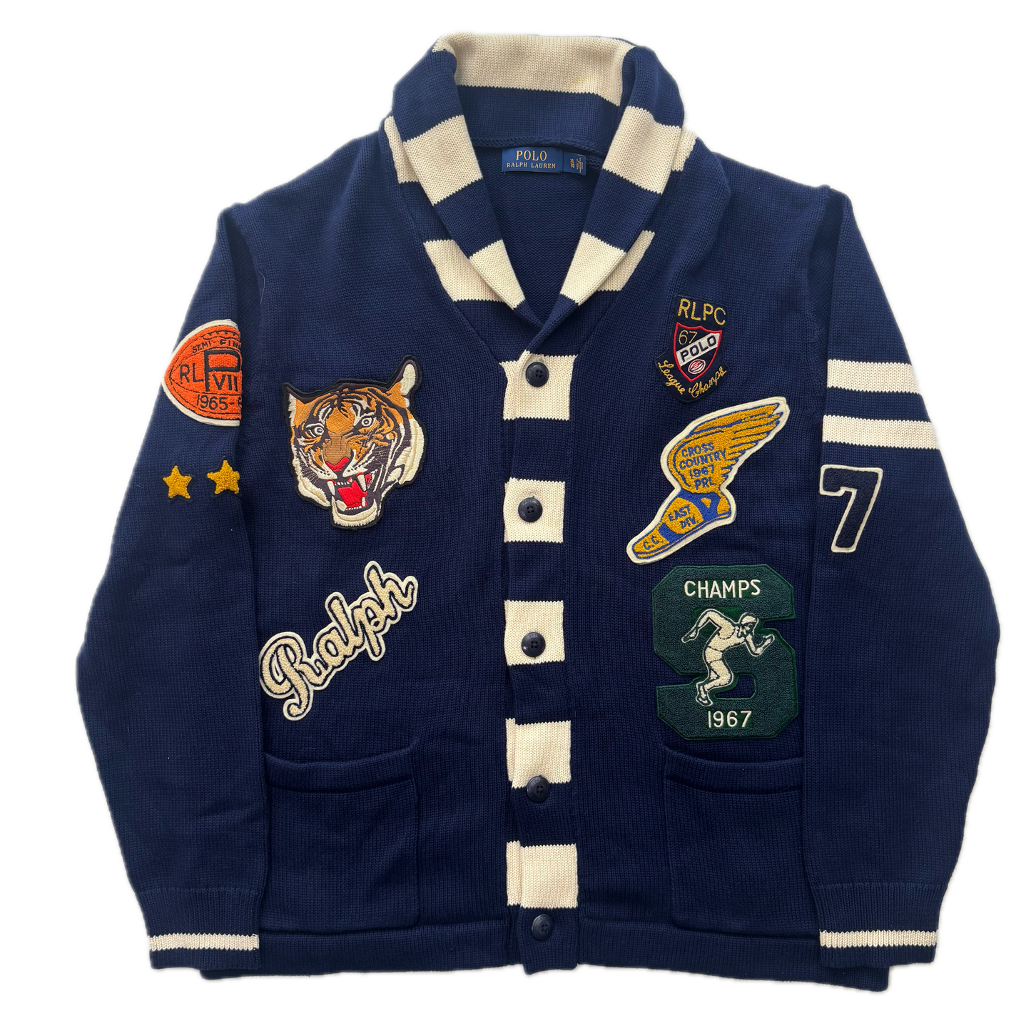 Polo Ralph Lauren Letterman Patch Cardigan Navy Striped - XL