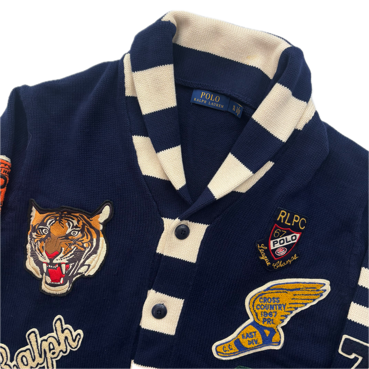 Polo Ralph Lauren Letterman Patch Cardigan Navy Striped - XL