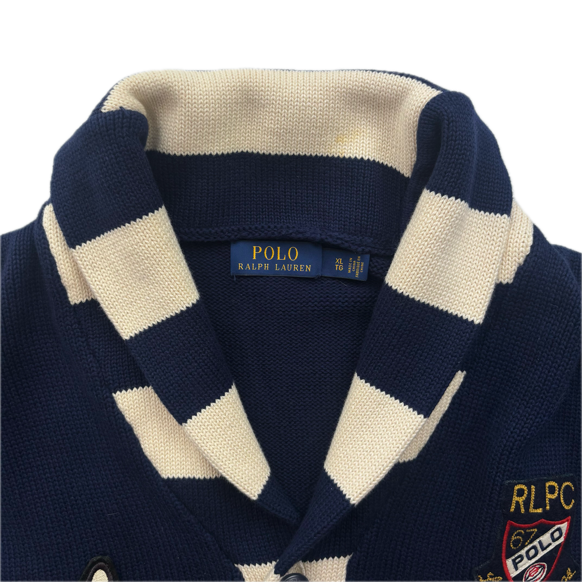Polo Ralph Lauren Letterman Patch Cardigan Navy Striped - XL