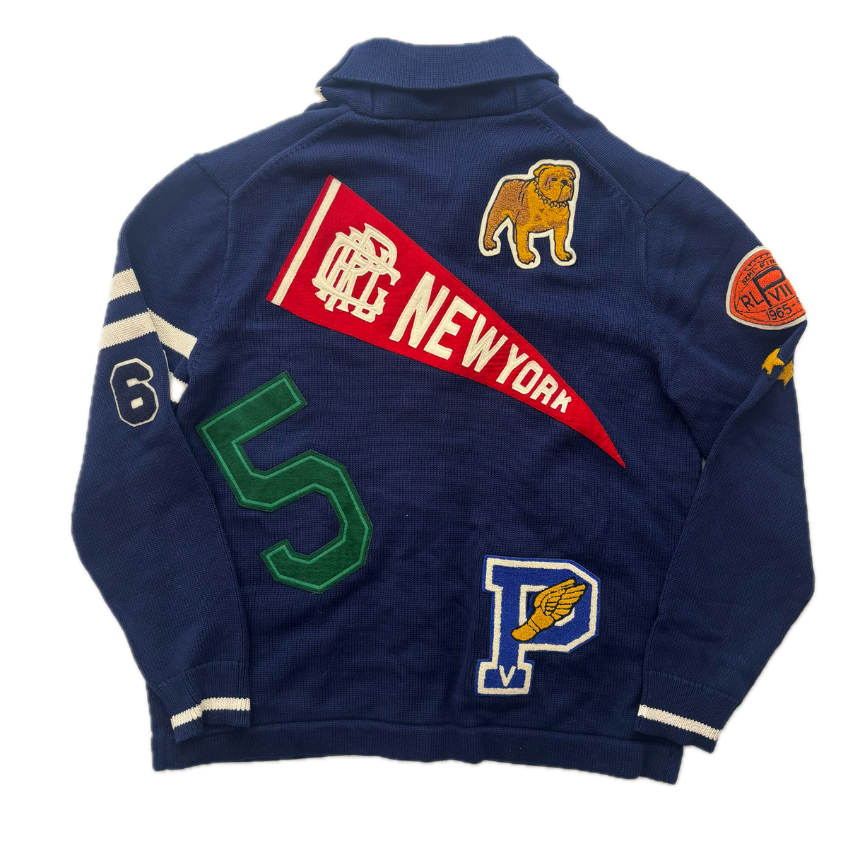 Polo Ralph Lauren Letterman Patch Cardigan Navy Striped - XL
