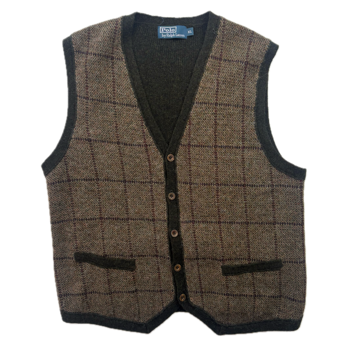 Polo Ralph Lauren Brown Green Tweed Windowpane Waistcoat (Wool Alpaca) - XL