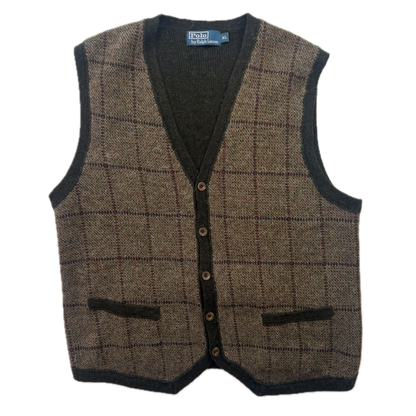 Polo Ralph Lauren Brown Green Tweed Windowpane Waistcoat (Wool Alpaca) - XL