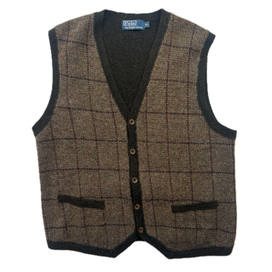 Polo Ralph Lauren Brown Green Tweed Windowpane Waistcoat (Wool Alpaca) - XL