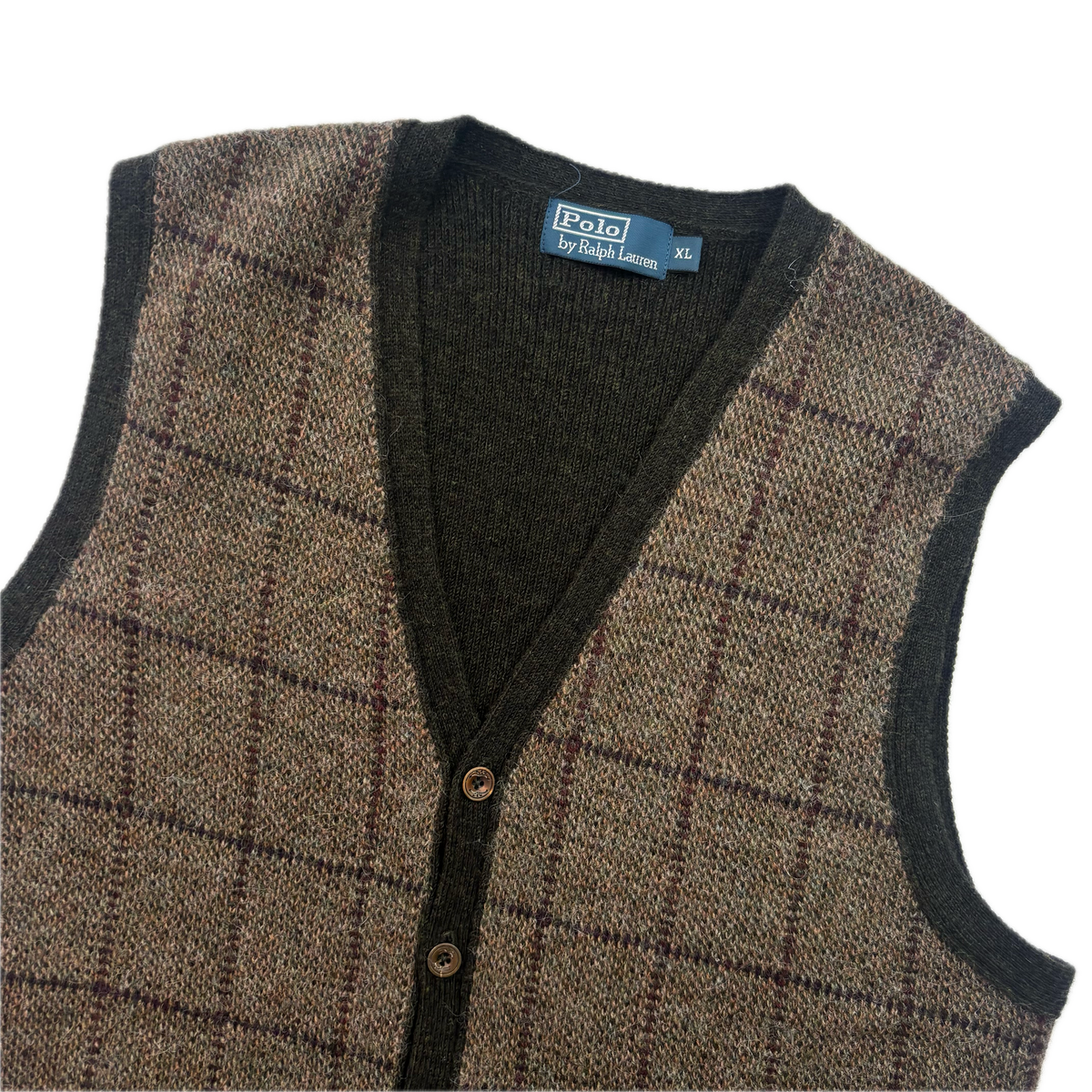 Polo Ralph Lauren Brown Green Tweed Windowpane Waistcoat (Wool Alpaca) - XL