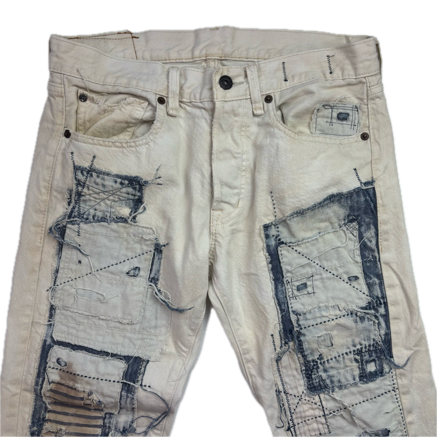 Denim & Supply Ralph Lauren Cream Patchwork Distressed Slim Jeans - 30x34
