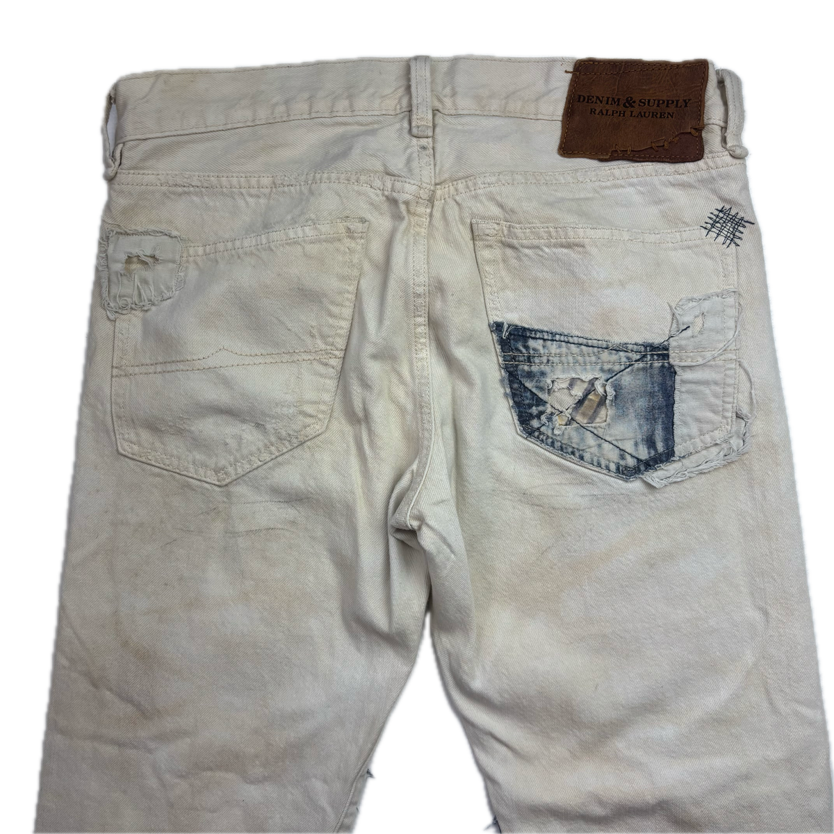 Denim & Supply Ralph Lauren Cream Patchwork Distressed Slim Jeans - 30x34