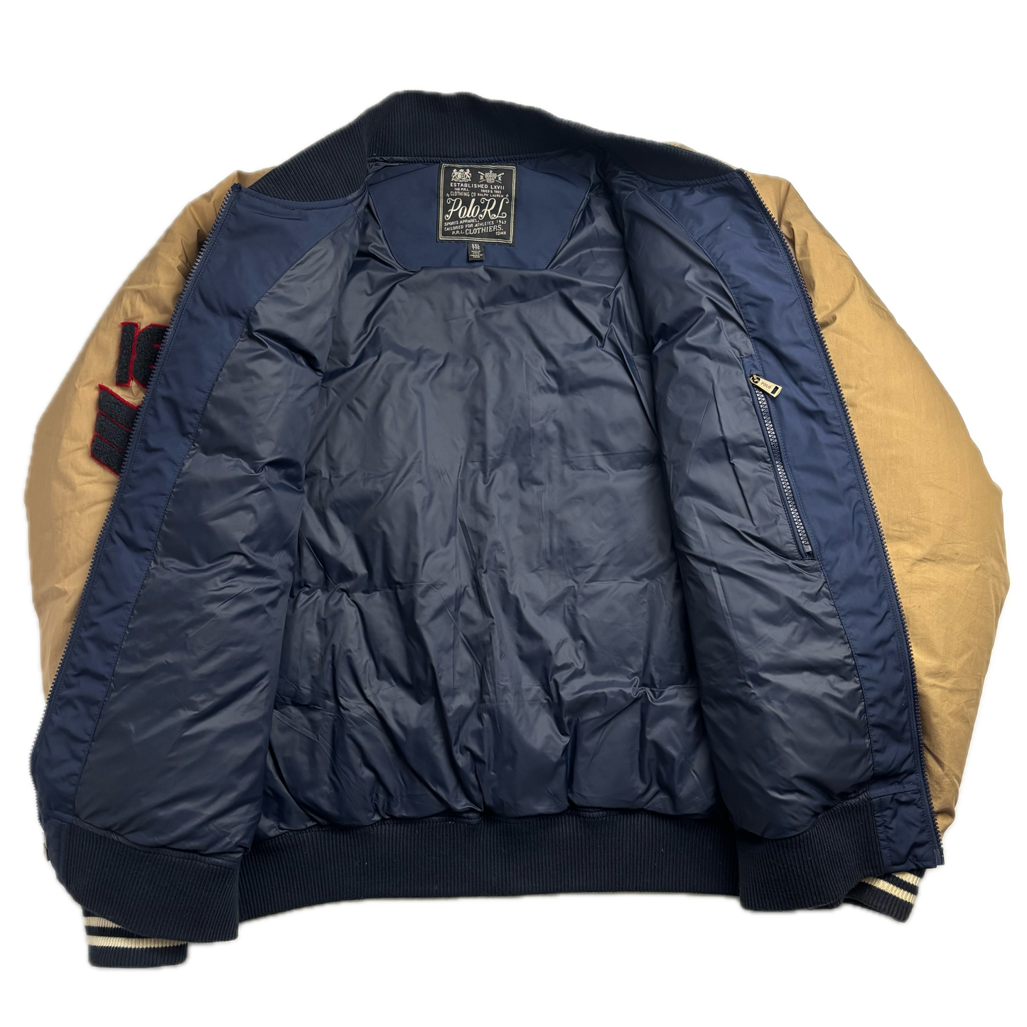 Polo Ralph Lauren Navy Beige Varsity Puffer Jacket Football Letterman - XXL